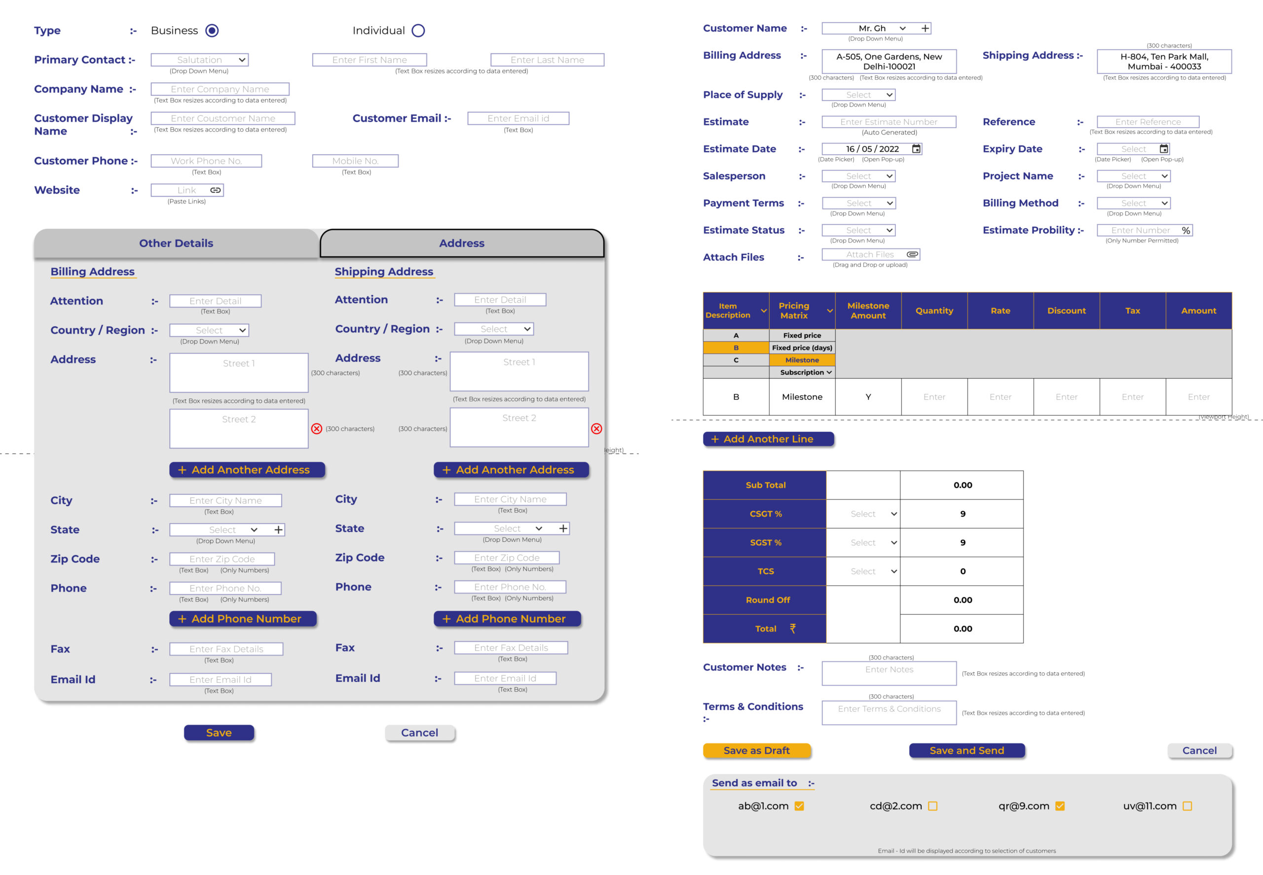 Add new customer and creating estimate