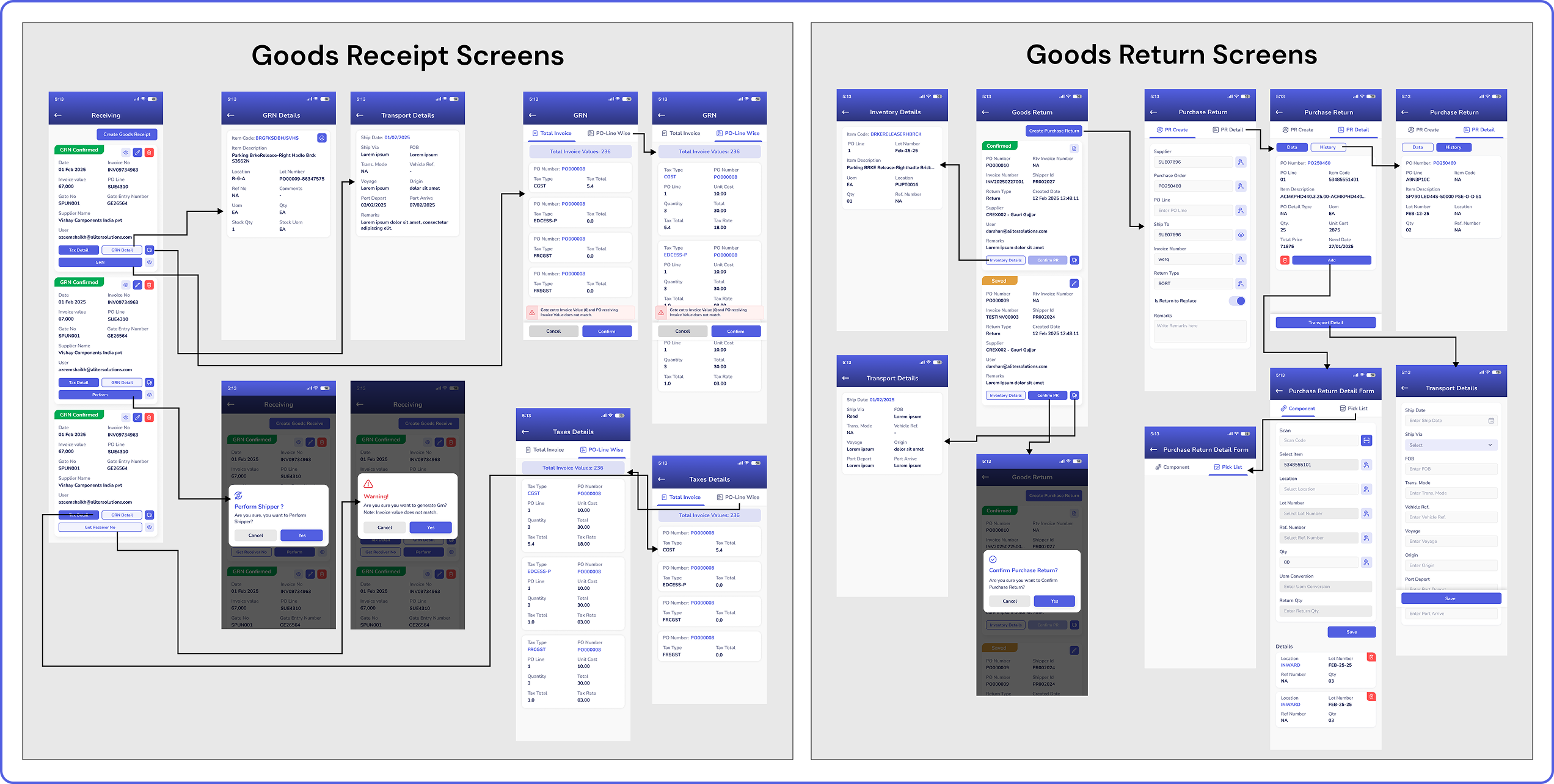 In the Goods Receipt module, the user can access the previous goods receipt listings and view or change their data accordingly. The user can access the invoice (line-wise details), GRN details, transport details, taxes (line-wise details) and executing a critical action (Perform Shipper).  In the Goods Return module, the listing screens will enable the user to view details of confirmed returns or confirm returns of saved returns.