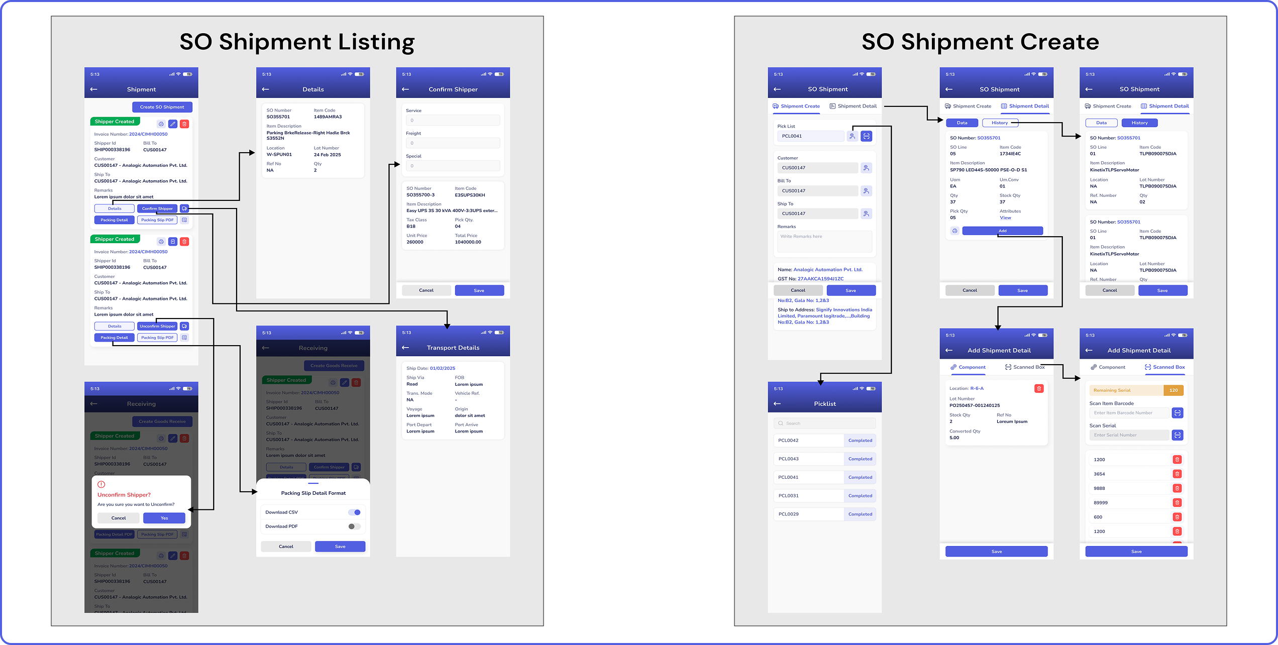 In the Shipment module, the listing allows the user to view shipping, packing, and transport details and, at the same time, perform actions such as confirming a created shipper or unconfirming a confirmed shipper. The “SO shipment create” refers to the process of creating a shipment record based on a Sales Order (SO) to prepare goods for delivery to the customer, by selecting the picklist, customer, shipping and billing code, and viewing or adding other items by scanning barcodes.